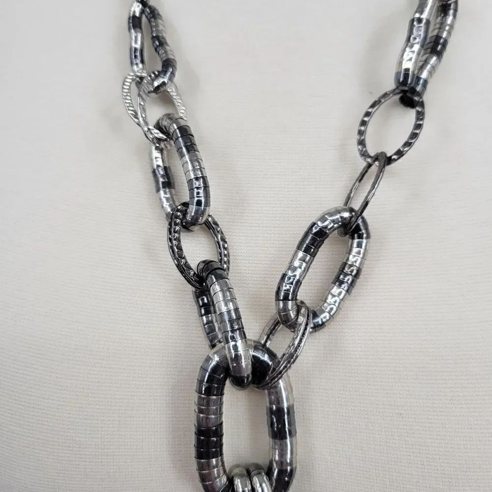 Chicos Silver Gunmetal Tone Y Drop Ball Tassel Link Articulated Necklace 29-33” - Picture 4 of 9